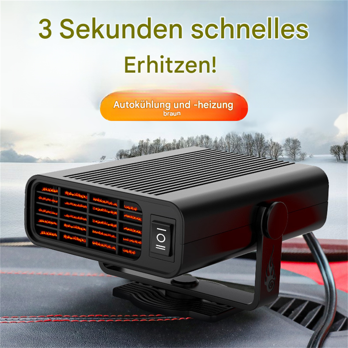 Schwarze Autoheizung mit orangen Lichtern, Schalter und Halterung. Schneebedeckte Landschaft im Hintergrund.