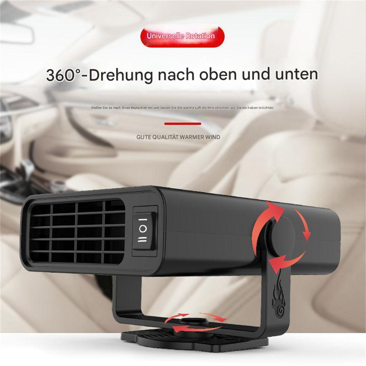 Schwarze Autoheizung mit Knöpfen und Richtungspfeilen, auf hellfarbigem Hintergrund.