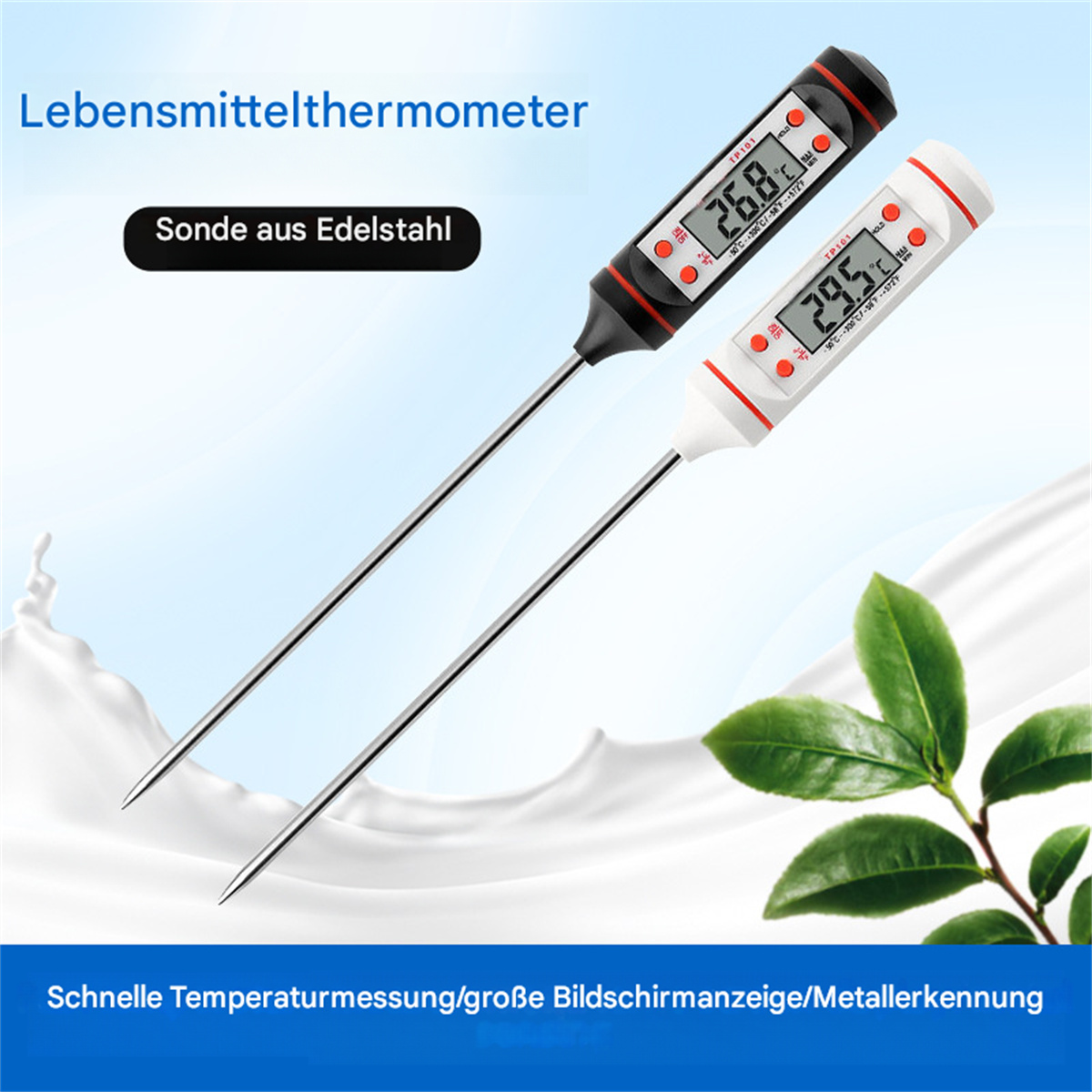 Zwei digitale Lebensmittellthermometer mit Temperaturen. Weißes und schwarzes Design, weißer Hintergrund.