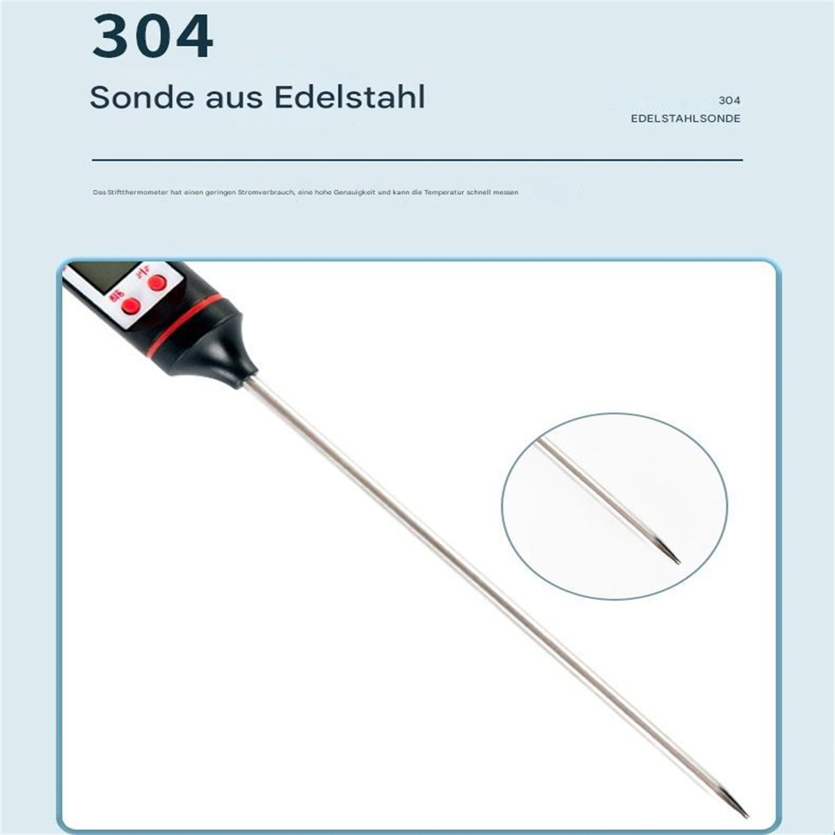 Digitales Lebensmitteltemperaturmessgerät mit Edelstahlsonde und rot-schwarzem Gehäuse.