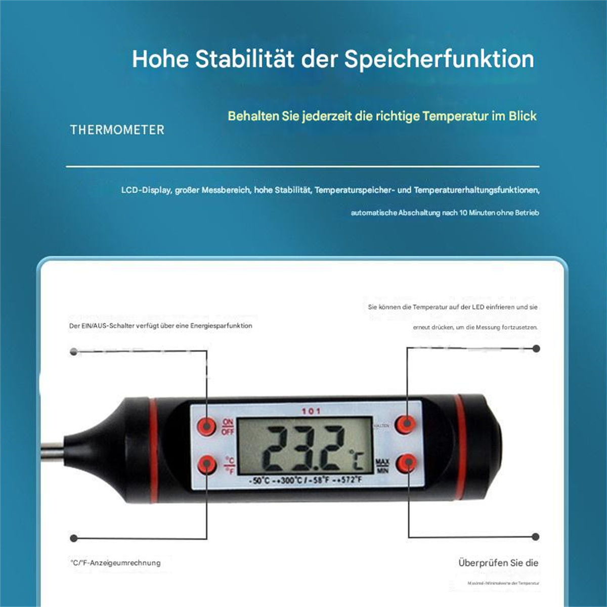 Digitales Thermometer mit 23,2 Grad Celsius, mit deutschem Text über seine Funktionen.