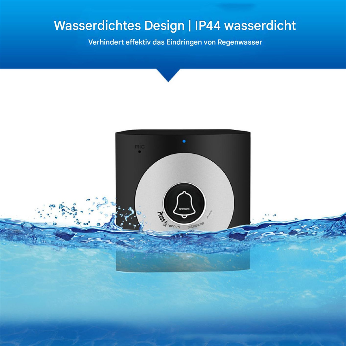Ein wasserdichtes Klingelgerät in Schwarz und Silber im Wasser, Text oben, blaues Licht.