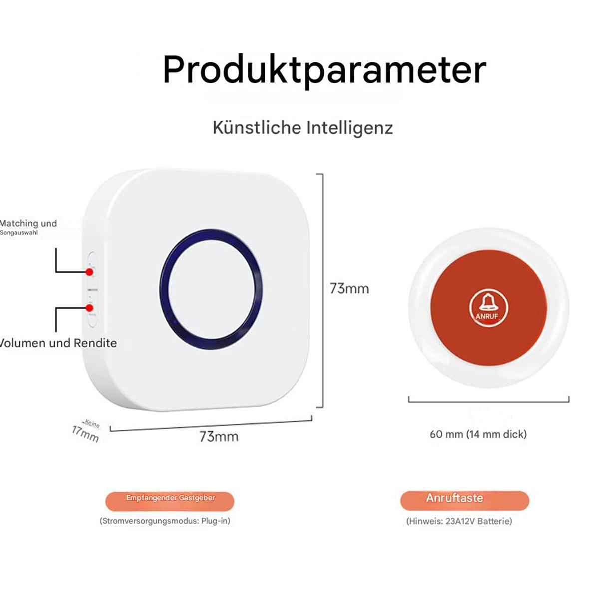 Weißes elektronisches Gerät mit blauem Kreis und roten Lichtern. Text auf Deutsch über Produktmerkmale.