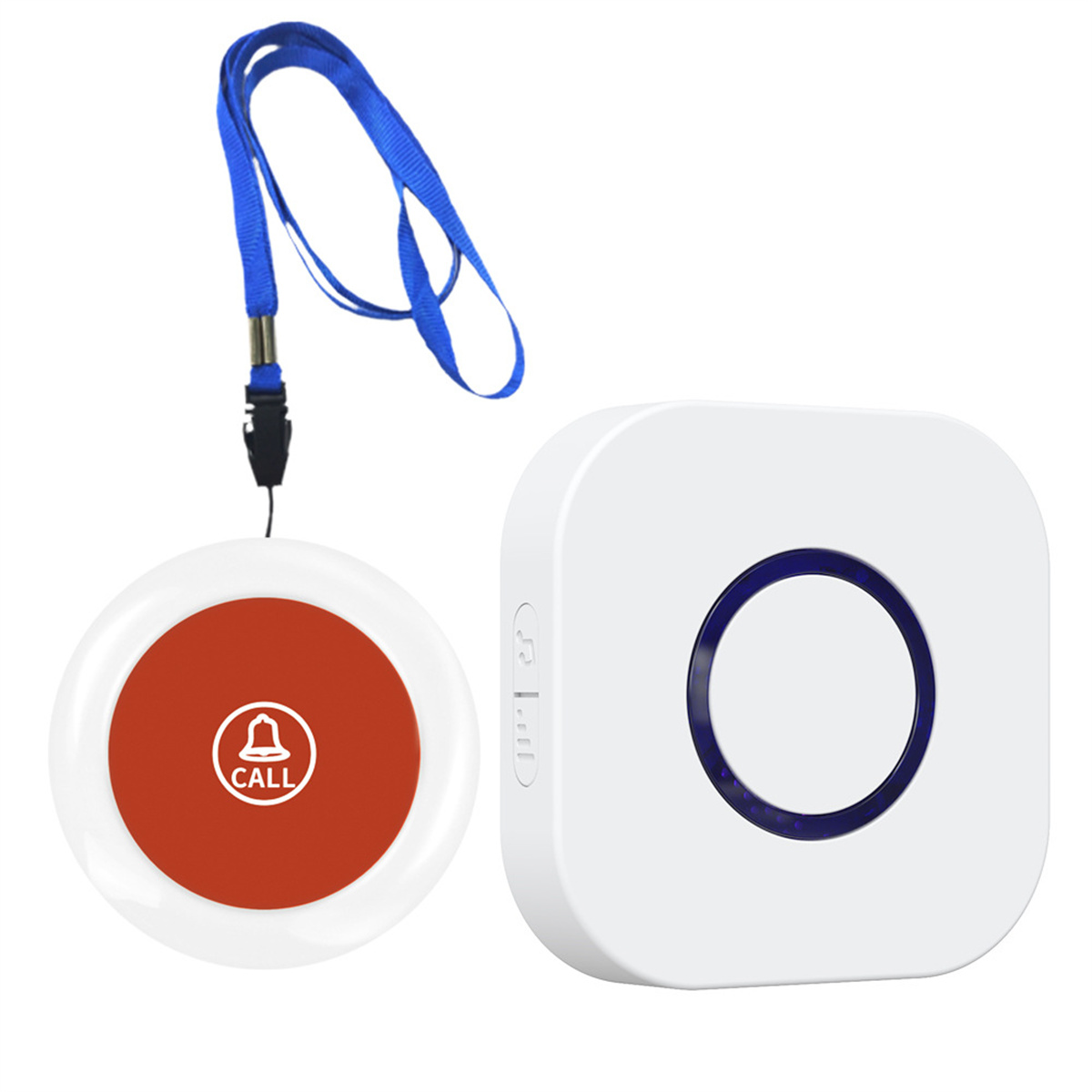 Zwei weiße Rufknöpfe, einer mit Lanyard und rotem Zentrum mit Glockensymbol.
