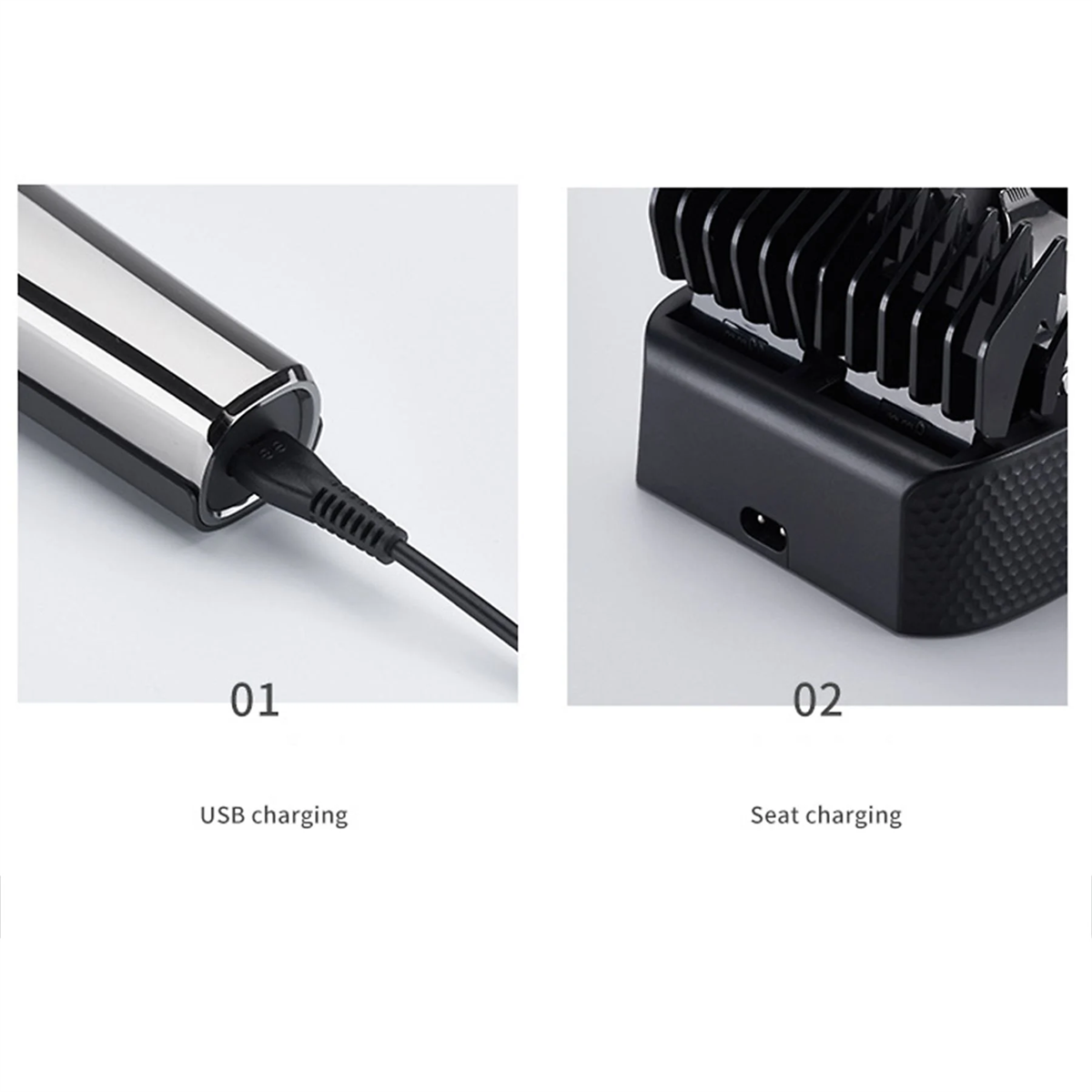 Zwei Bilder eines Ladeaufbaus für einen Rasierer. Ein USB, ein Sitz.