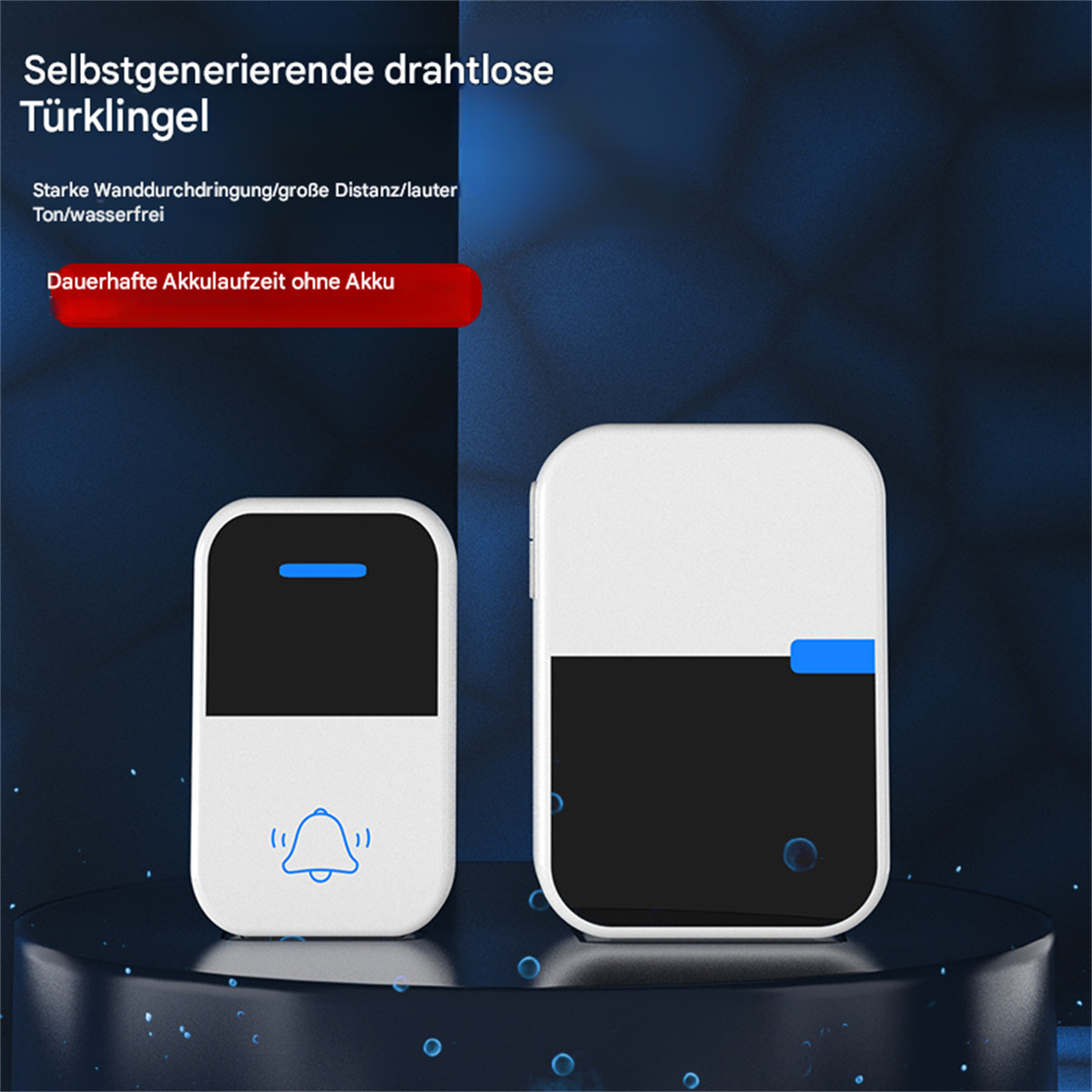 Weißes Türklingel-Set mit Empfänger und Sender. Der Sender hat ein blaues Licht.
