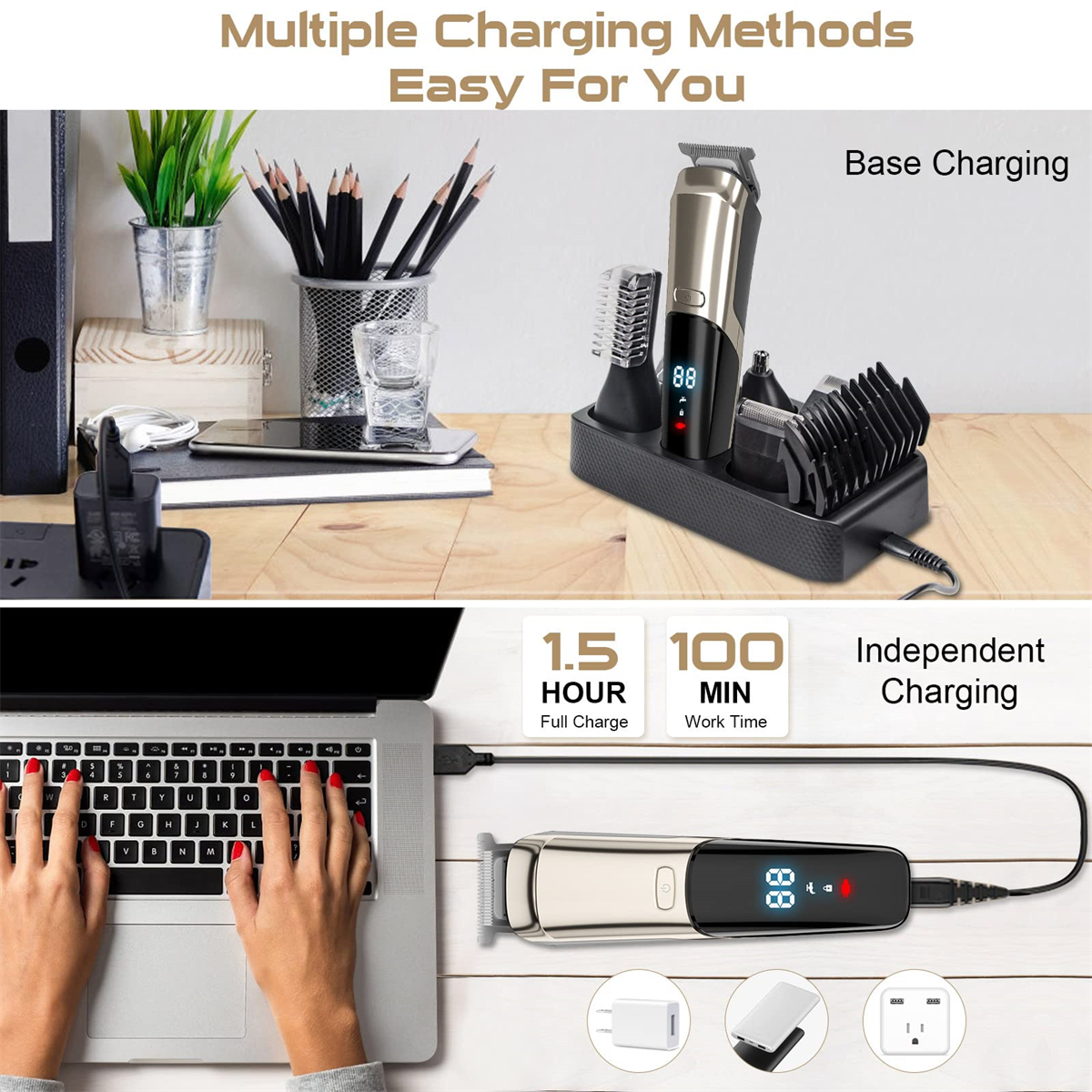 Oben- und Untenansicht eines Pflege-Sets, Laptop mit Händen auf der Tastatur und Lademethoden.