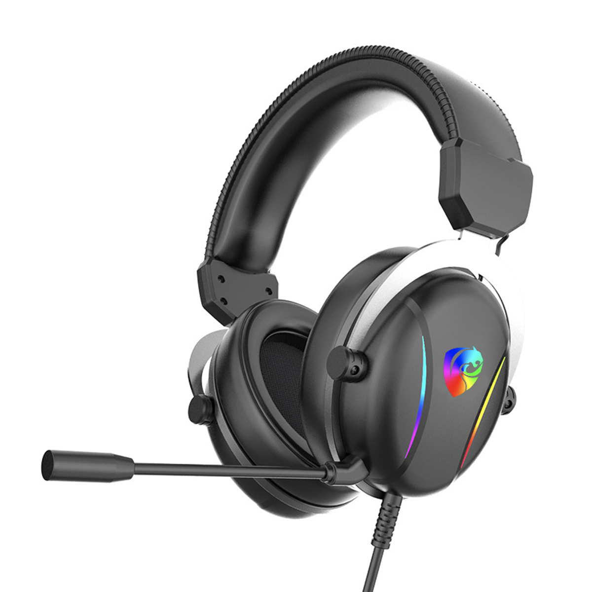 Schwarz-weißes Gaming-Headset mit Mikrofon und Regenbogenfarben auf Weiß.