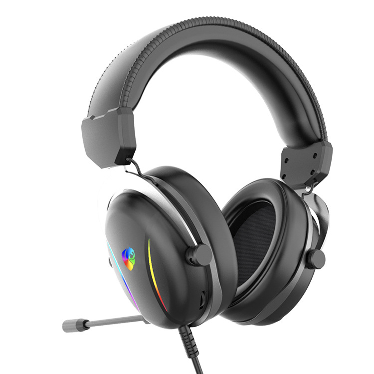 Schwarzes Gaming-Headset mit Mikrofon. Bunte Lichter an den Ohrmuscheln und schwarzes Kabel.