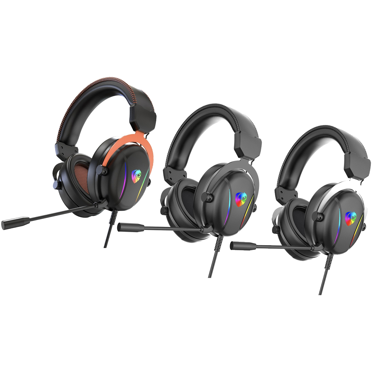 Drei Gaming-Headsets mit Mikrofonen. Schwarze und orangefarbene, graue und weiße Headsets werden angezeigt.