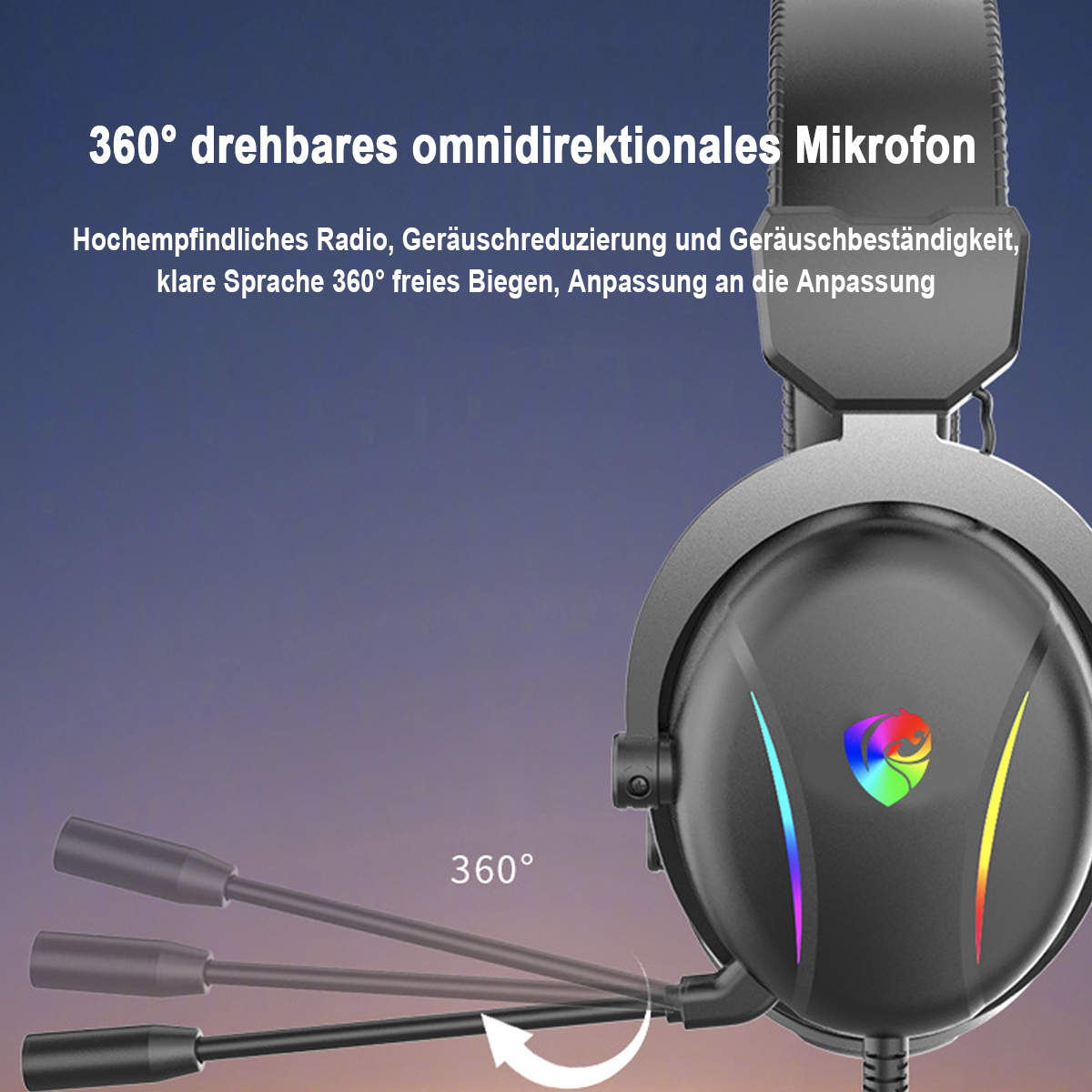 Ein Gaming-Headset mit flexiblem Mikrofon. Das Headset hat bunte Lichter und ein Bedienfeld.