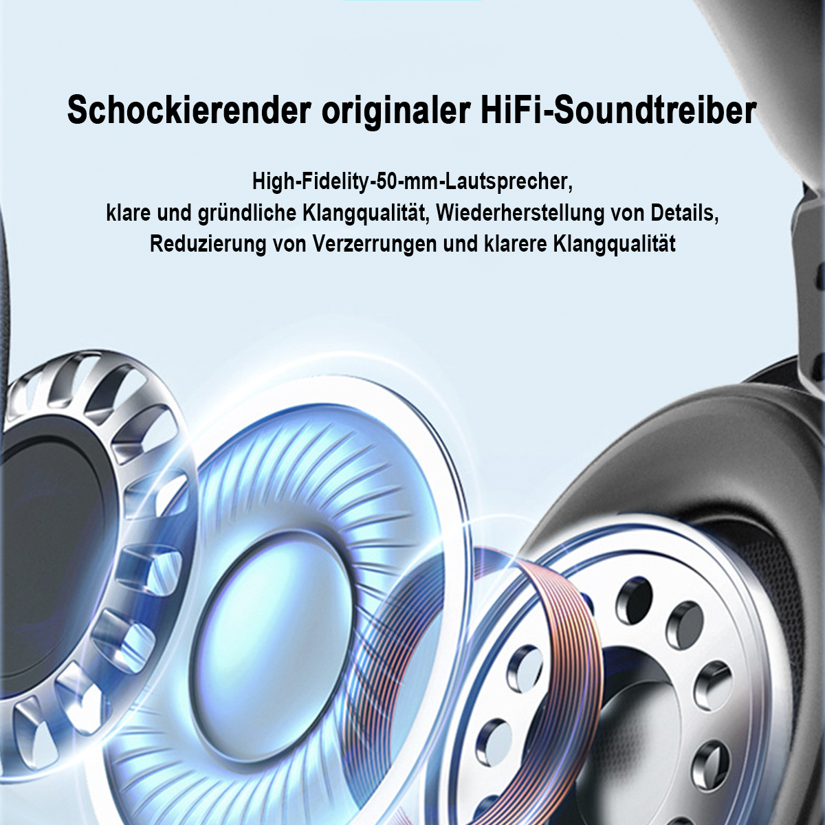 Nahaufnahme von Kopfhörerkomponenten. Text hebt HiFi-Sound und klare Qualität hervor.