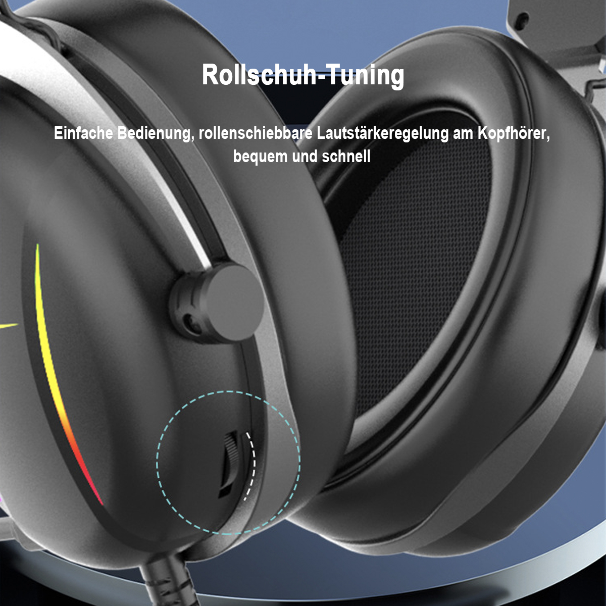 Nahaufnahme eines schwarzen Headsets mit Schieberegler zur Lautstärkeregelung.