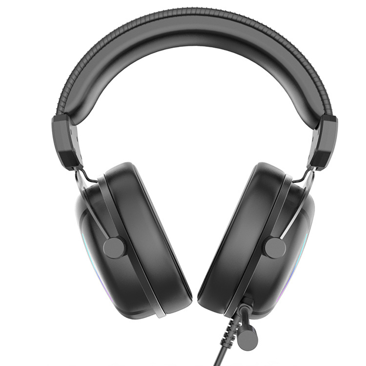Schwarze Kopfhörer mit Bügel. Die Kopfhörer sind Over-Ear-Stil. Weißer Hintergrund.