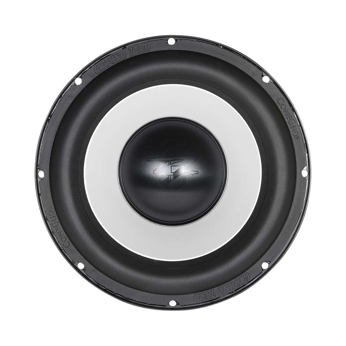 Ein schwarzer Subwoofer-Lautsprecher mit weißem Innenring und schwarzer Mittelkappe, mit der Marke 'GROUND ZERO'.