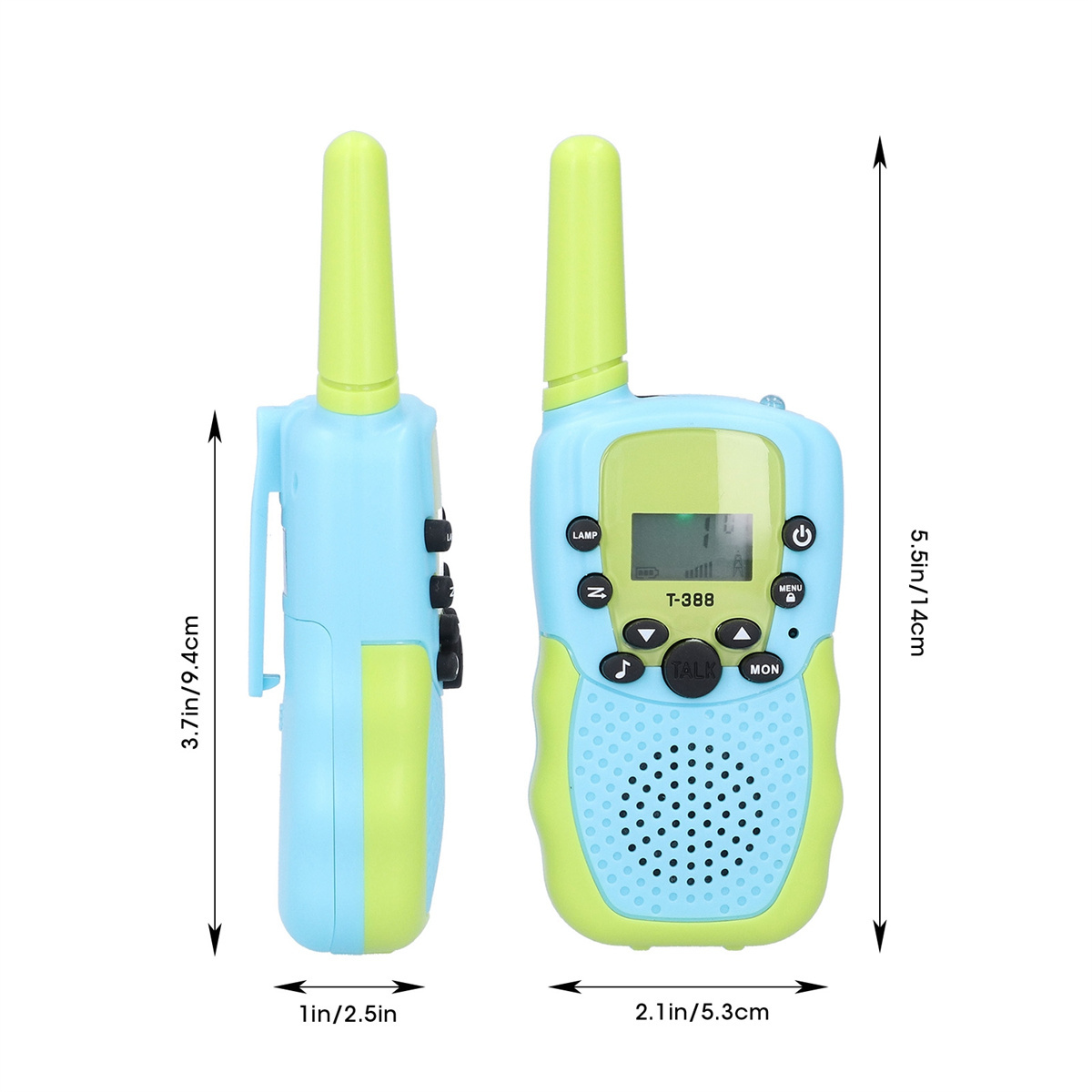 Blau-grüne Walkie-Talkies mit Abmessungen. Merkmale sind Display und Knöpfe.