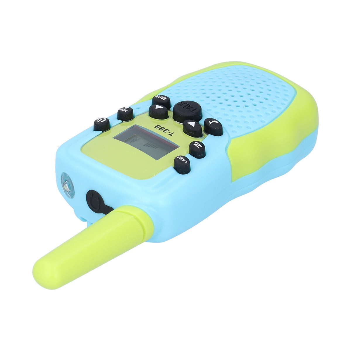 Ein blaues und grünes Walkie-Talkie ist in einem Winkel zu sehen. Es hat Knöpfe und einen kleinen Bildschirm sowie eine lange Antenne.