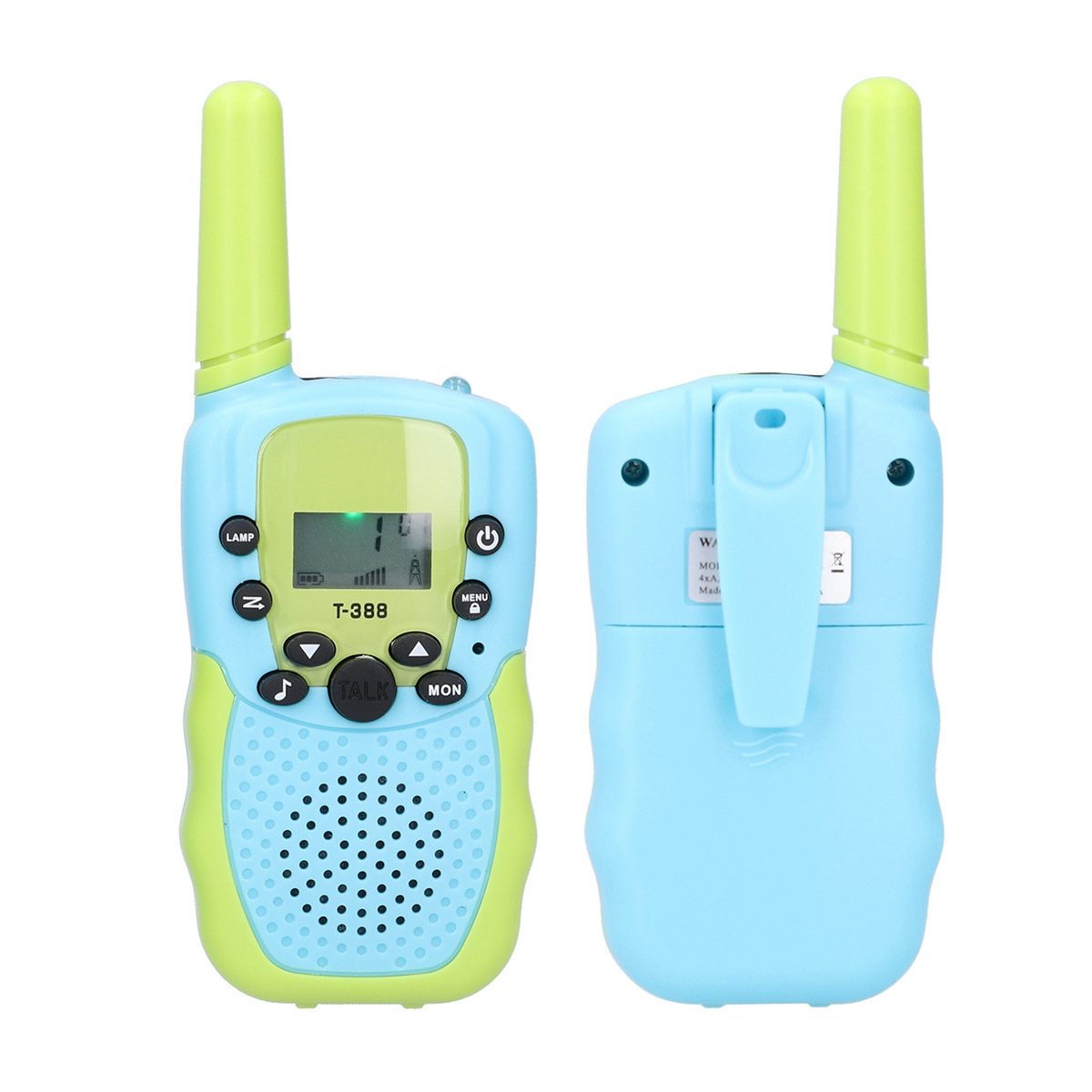 Zwei kleine, blaue Walkie-Talkies mit grünen Akzenten. Sie haben Antennen und mehrere Knöpfe.