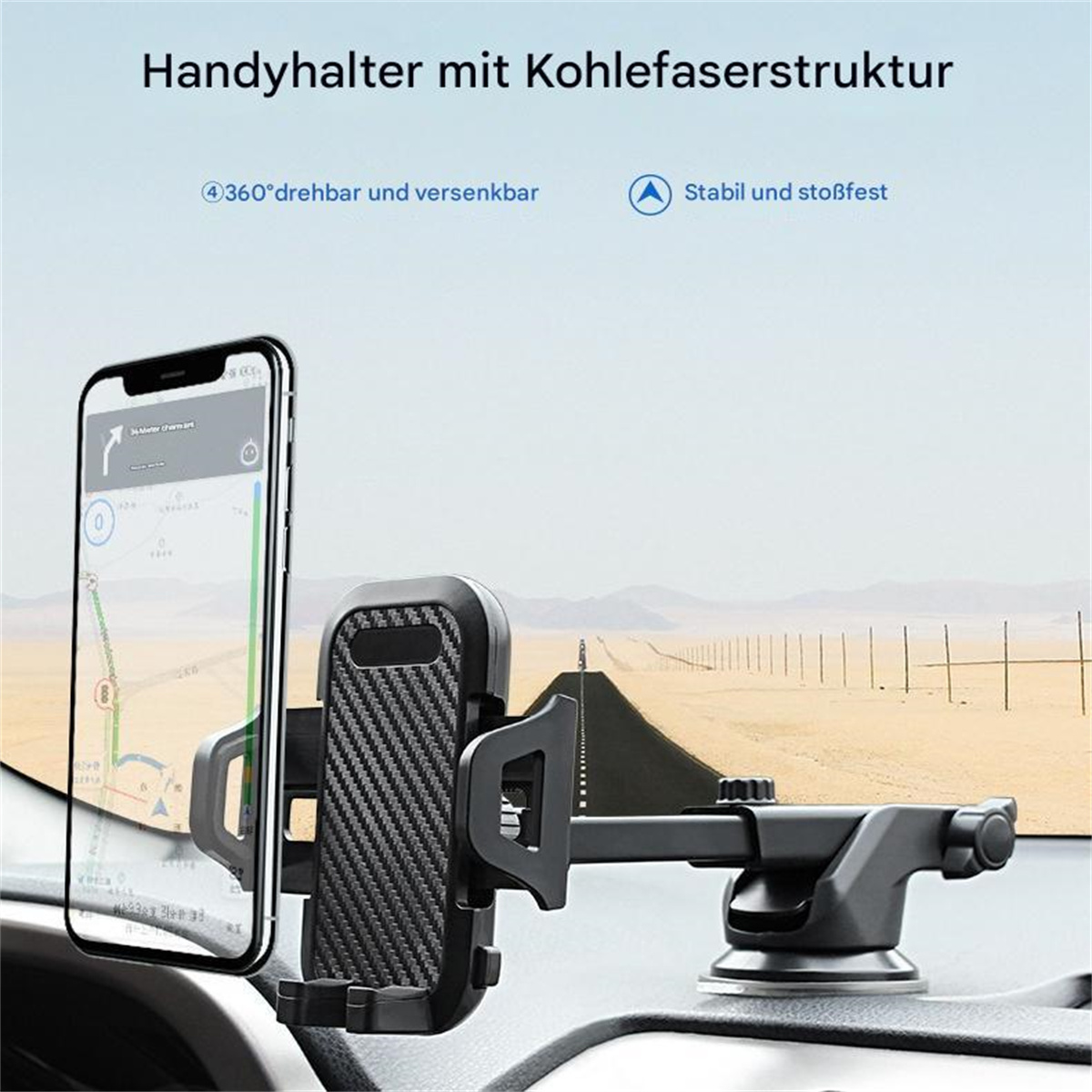 Telefon in Handyhalterung mit Kohlefaserstruktur. Straße und Himmel im Hintergrund.