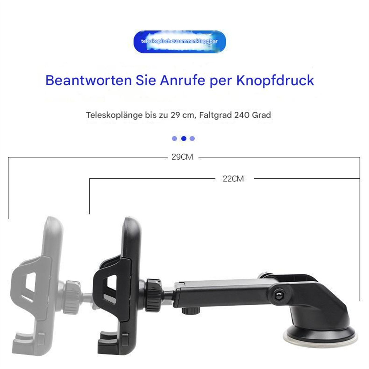 Ein schwarzer Autotelefonhalter mit Saugnapfbasis und verstellbarem Arm, vor weißem Hintergrund.