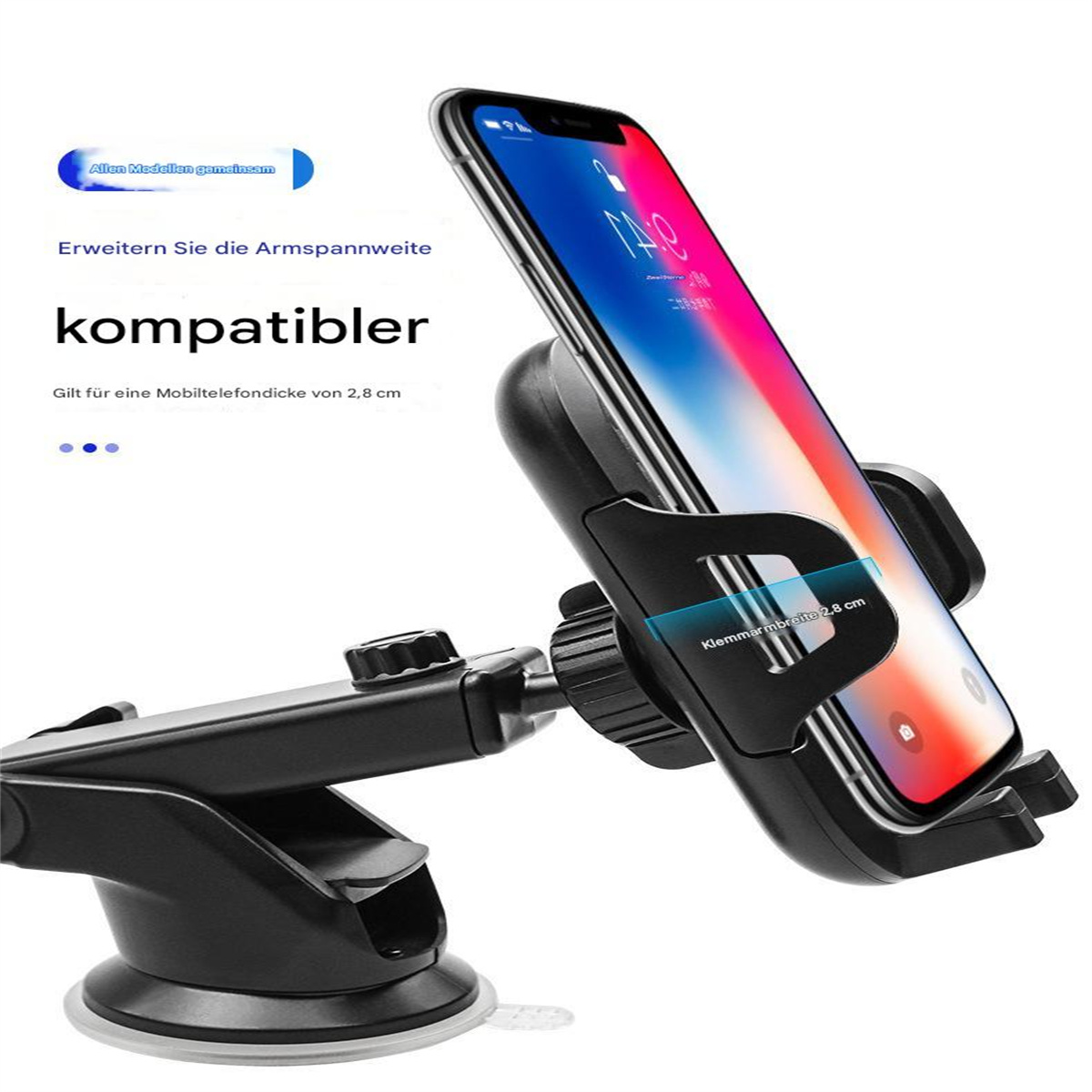 Schwarzer Autotelefonhalter mit Telefon, weißer Hintergrund.