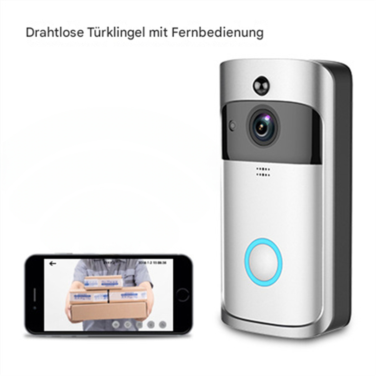 Ein intelligentes Türklingelsystem zeigt einen Telefonbildschirm mit einer Person, die Kartons hält. Silberne Türklingel rechts.