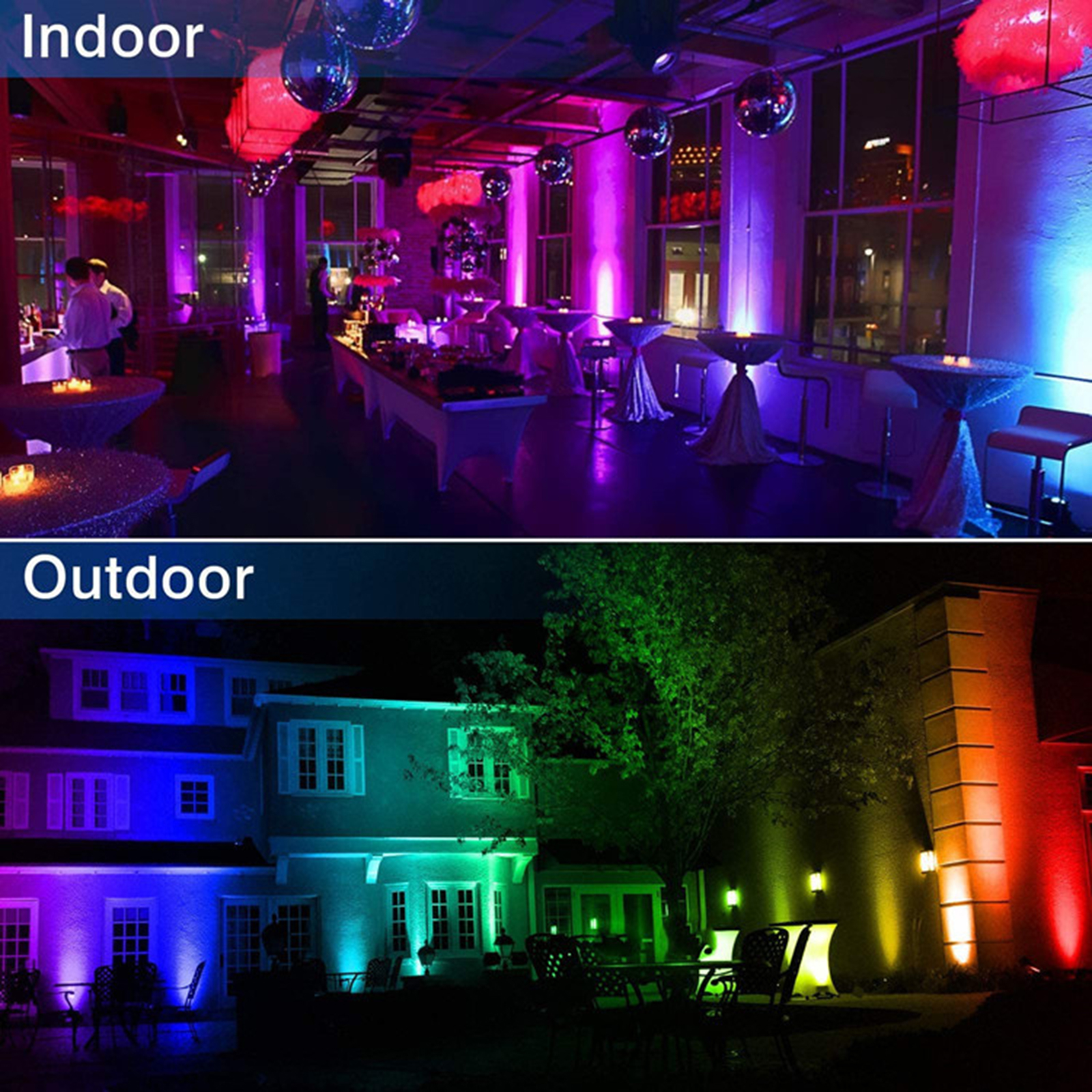 Innen- und Außenszene mit bunten Lichtern beleuchtet. Discokugeln und Lichter in einem Raum, Lichter draußen.
