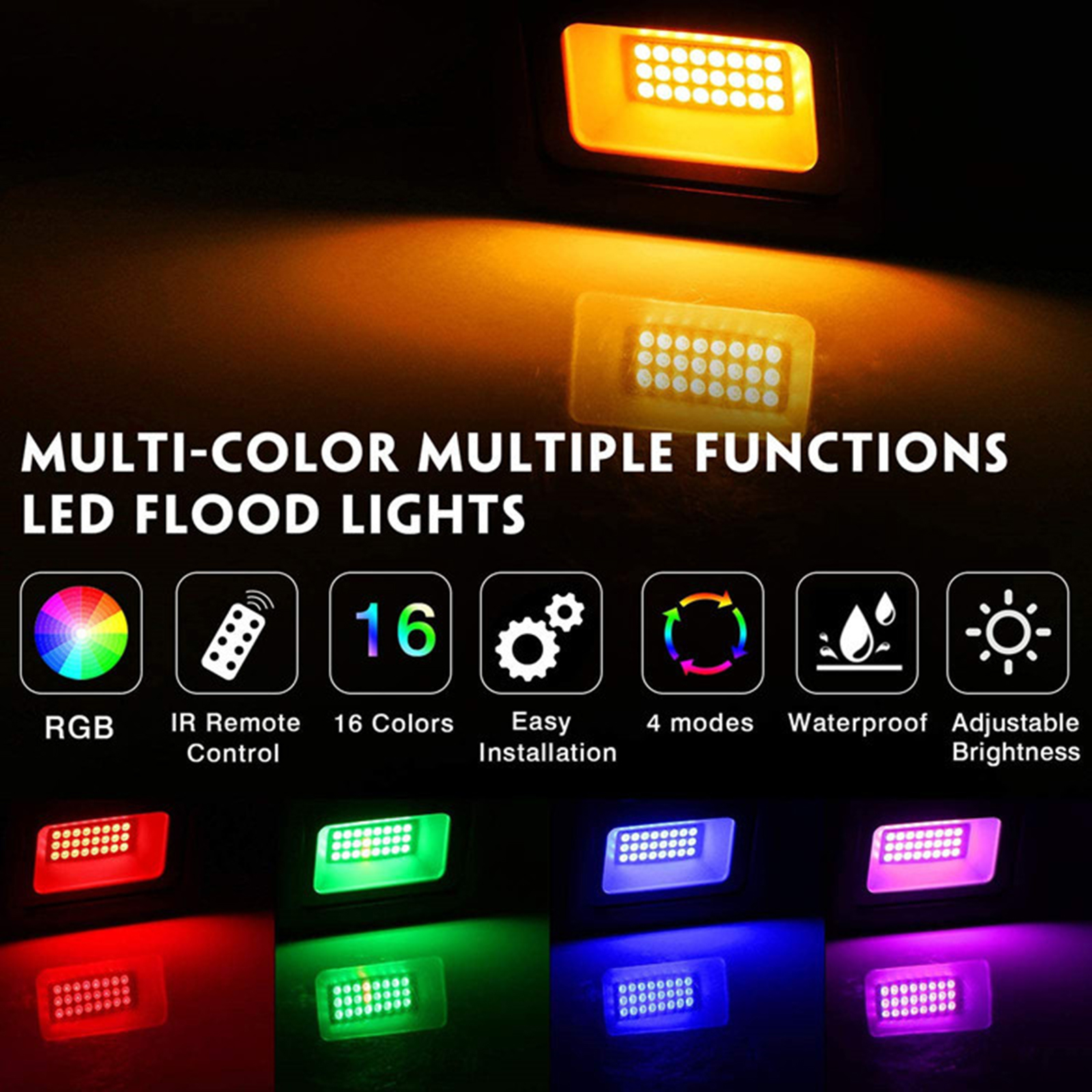 LED-Flutlichter mit mehreren Farben und Funktionen. Verschiedene Lichtfarben werden gezeigt.