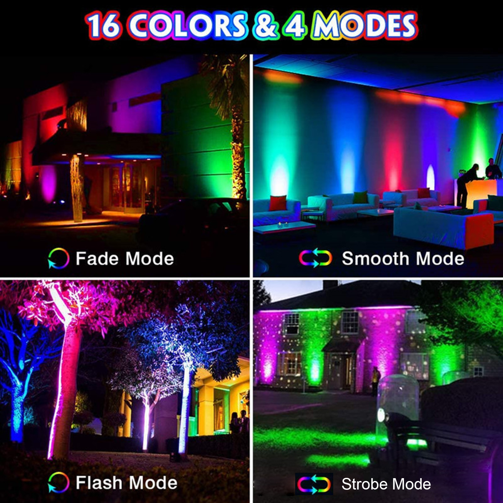 Vier Bilder mit unterschiedlich farbigen Lichtern an einem Haus und Bäumen, mit Modusbezeichnungen.