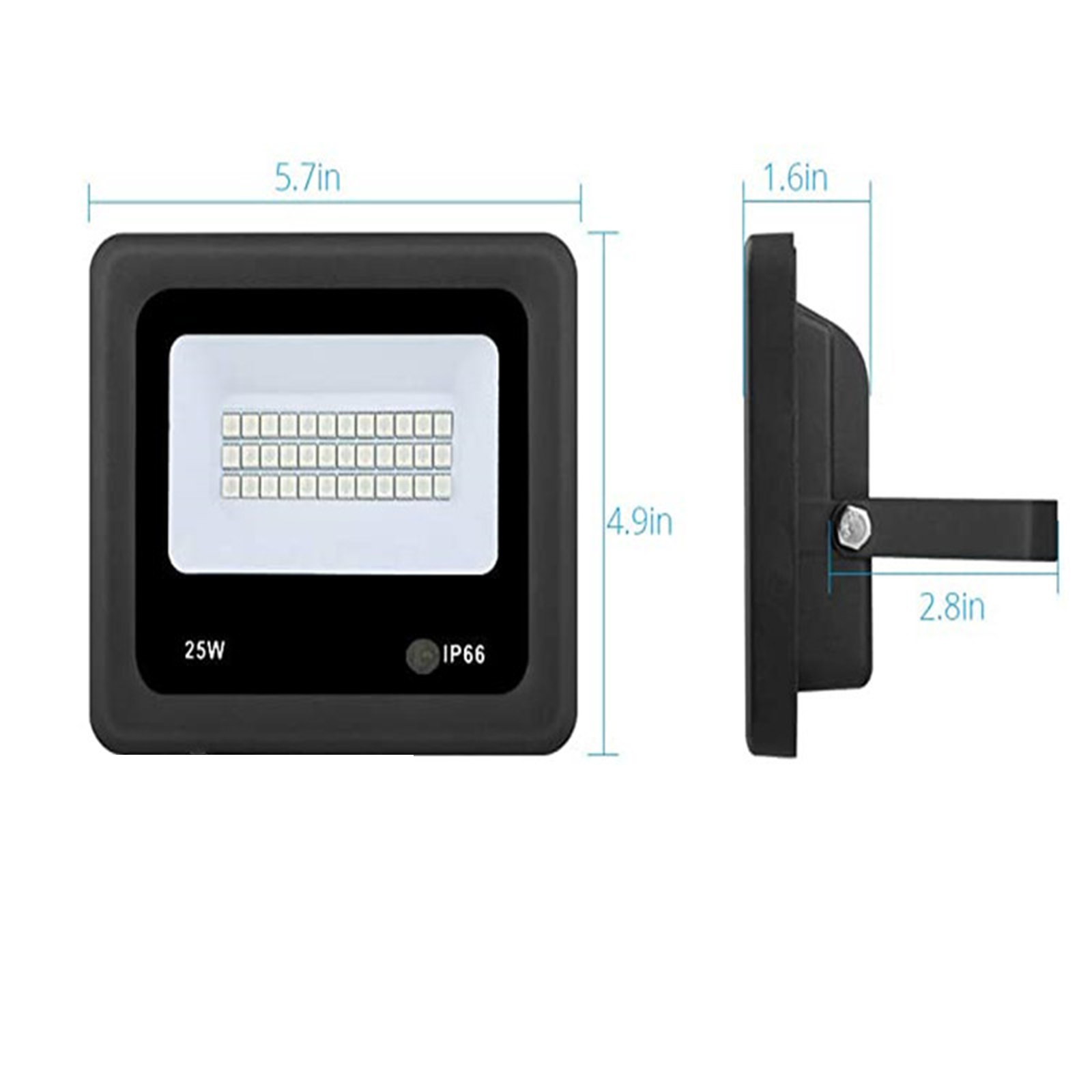 Ein schwarzer quadratischer LED-Flutlichtstrahler mit Abmessungen und Text.