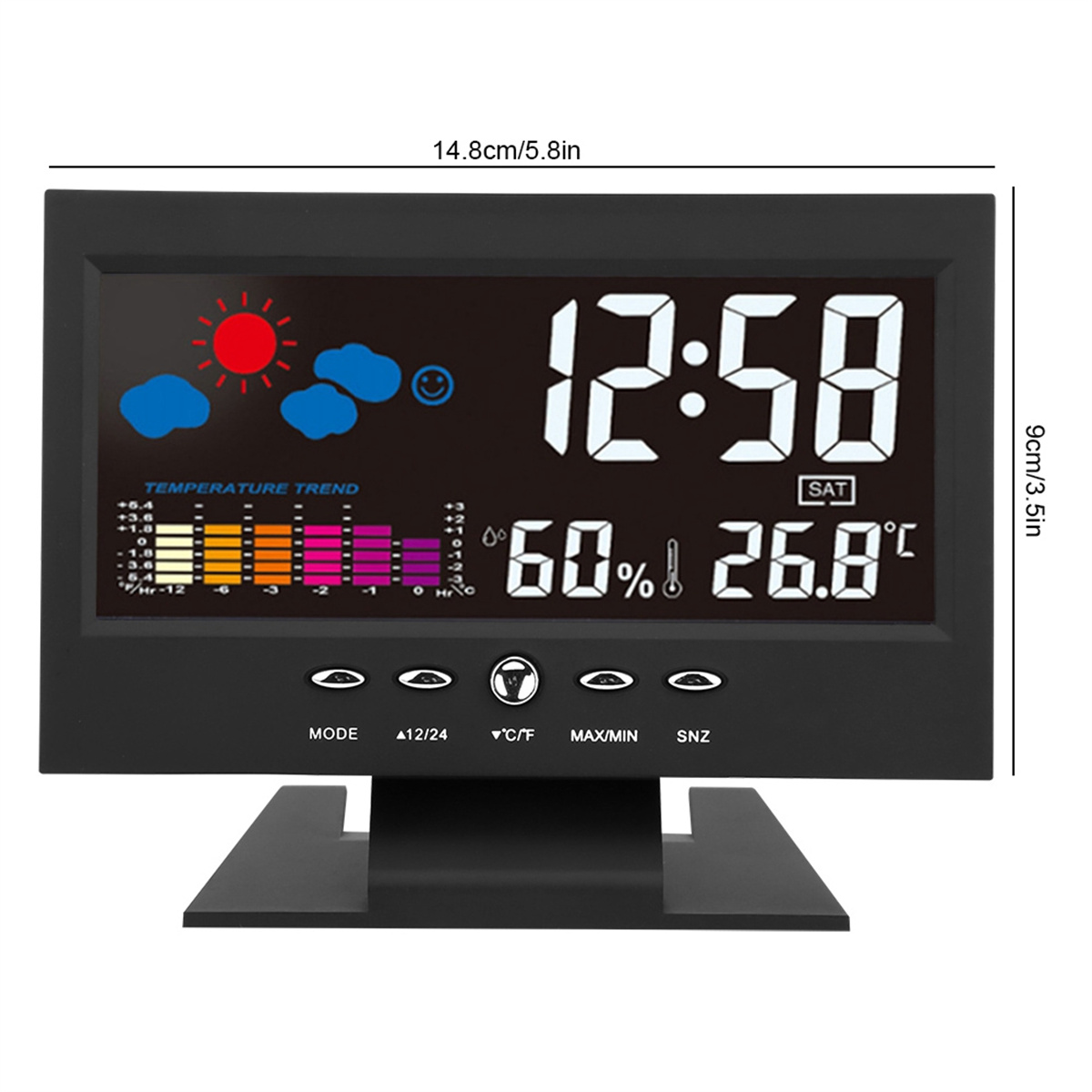Schwarze Digitaluhr mit Zeit-, Temperatur- und Wettervorhersage auf einem Ständer.