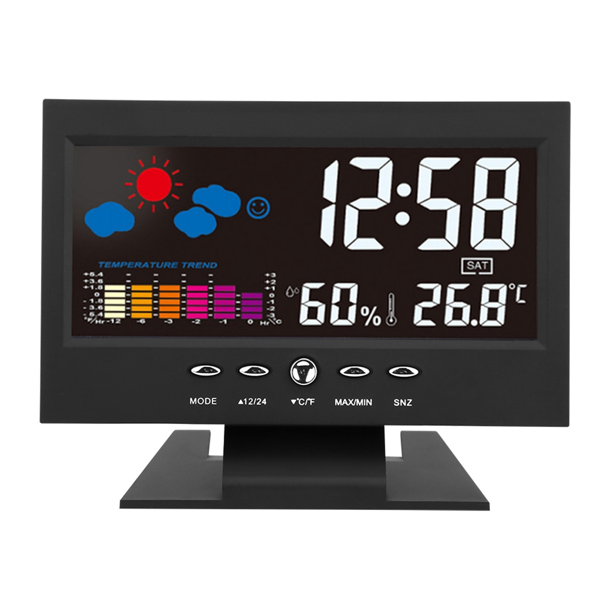 Eine Digitaluhr zeigt Zeit, Temperatur, Wetter und Einstellungen auf schwarzem Bildschirm.