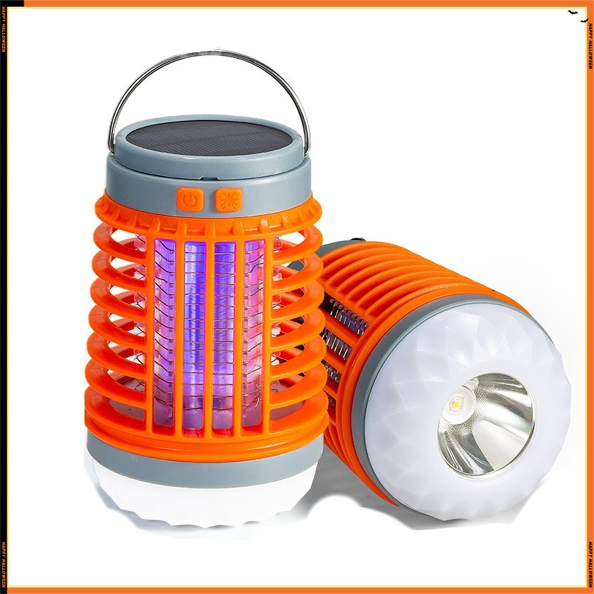 Zwei orangefarbene Insektenvernichter, einer beleuchtet, mit Griff und Solarpanel.