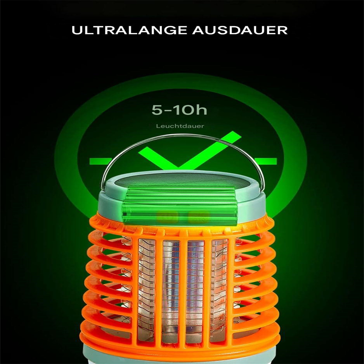 Elektrischer Mückenvernichter mit orangefarbenem Kunststoff und grünem Licht.