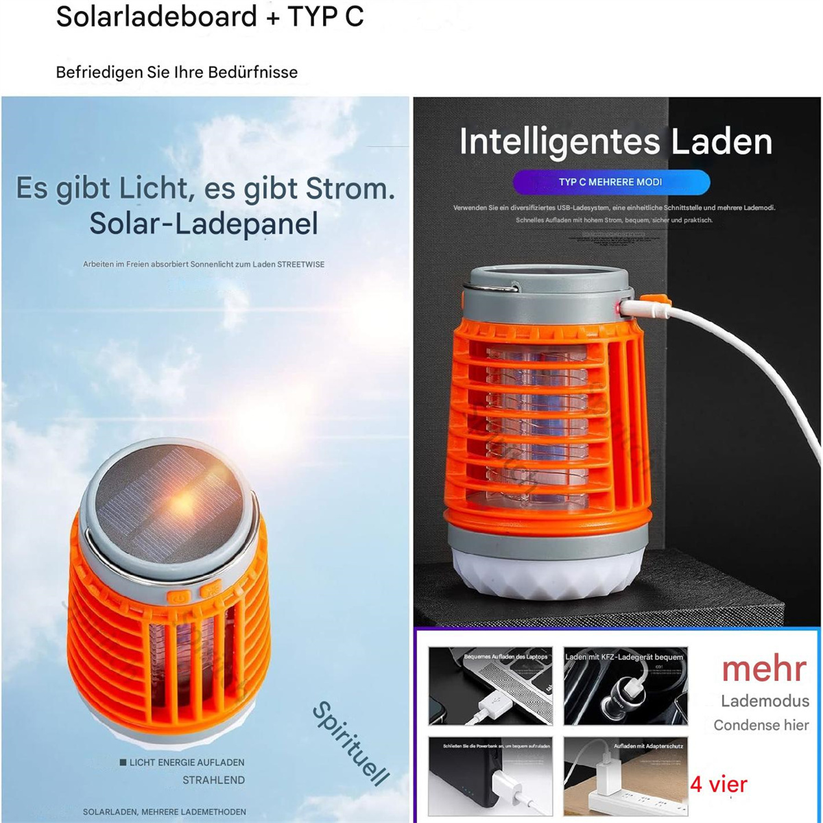 Werbung für ein Solarpanel-Ladegerät und einen Moskitokiller.