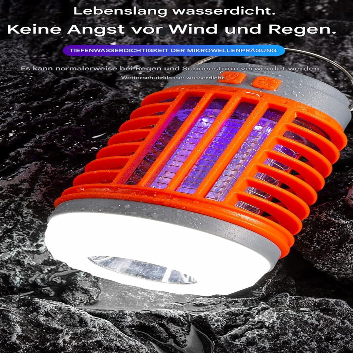 Oranger Insektenvernichter mit weißem Licht am Boden. Der Text besagt wasserdicht.