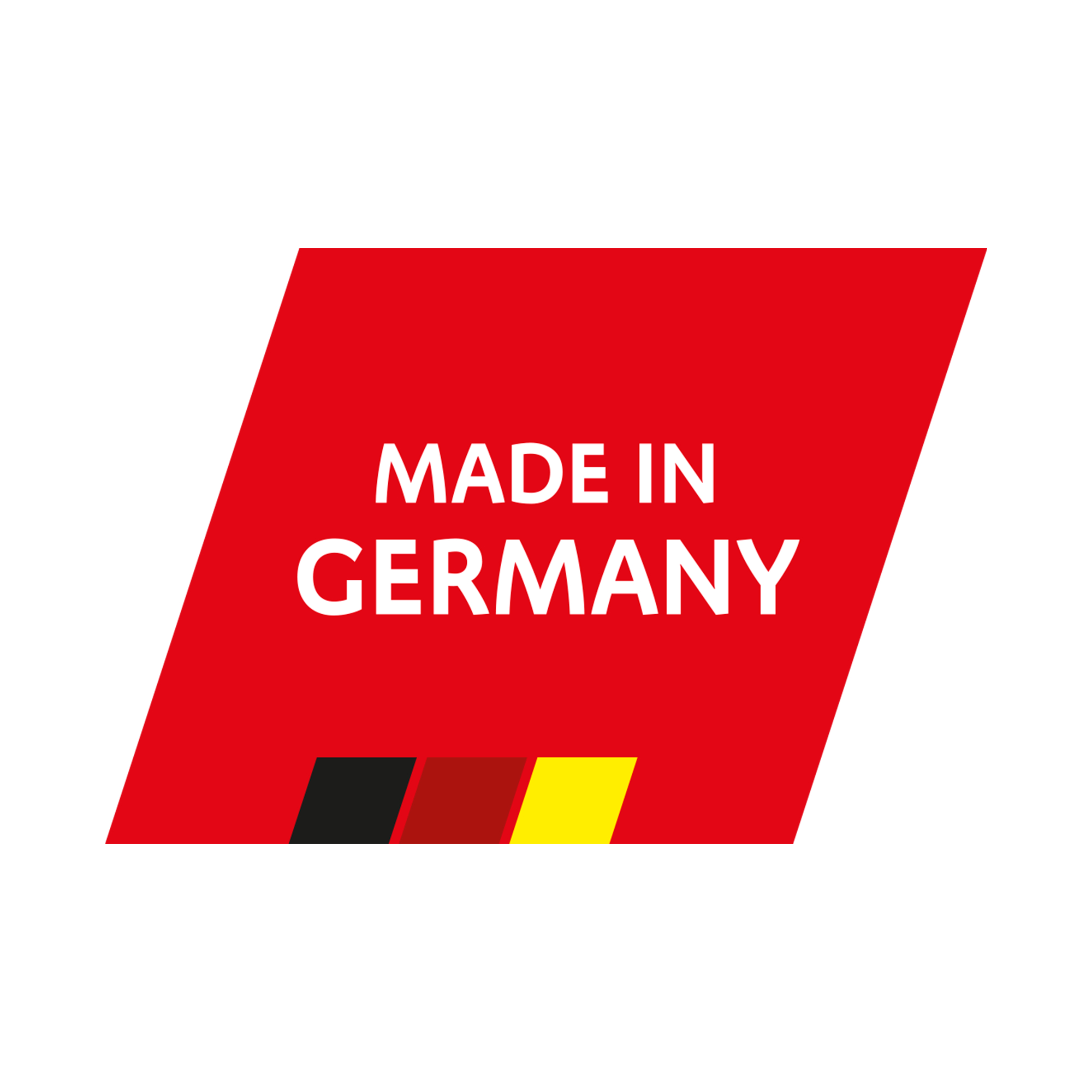 Ein rot-weißes Logo mit dem Text "MADE IN GERMANY" und den Farben der deutschen Flagge.