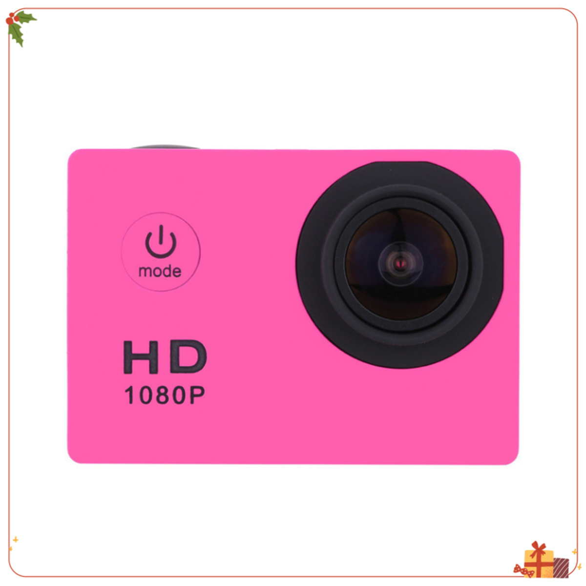 Rosa Action-Kamera mit schwarzem Objektiv und Knöpfen. Sie ist mit 'HD 1080P' beschriftet und hat einen Einschaltknopf.