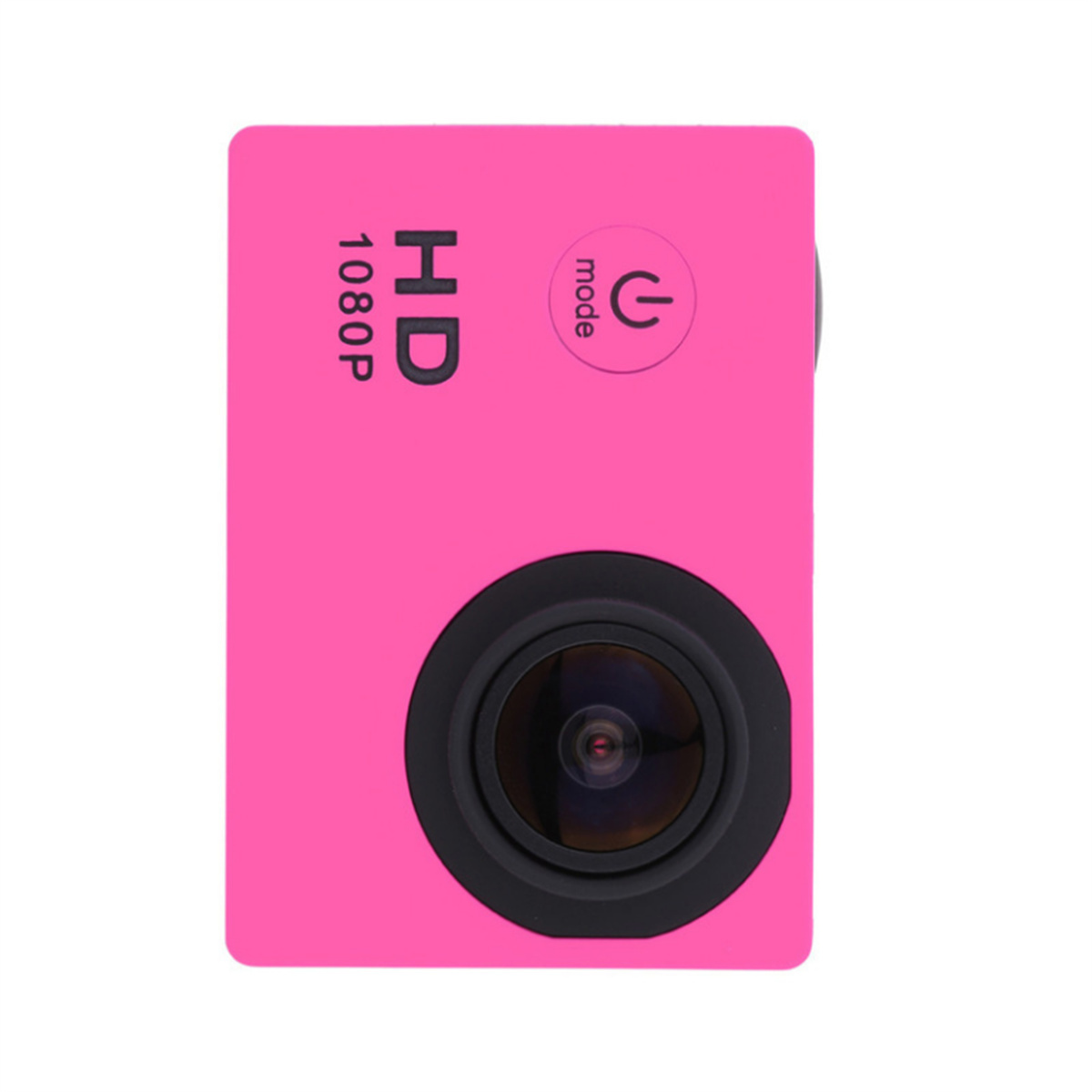 Rosa Action-Kamera mit Objektiv und Knöpfen. Sie hat 1080P und einen Ein-/Ausschalter.