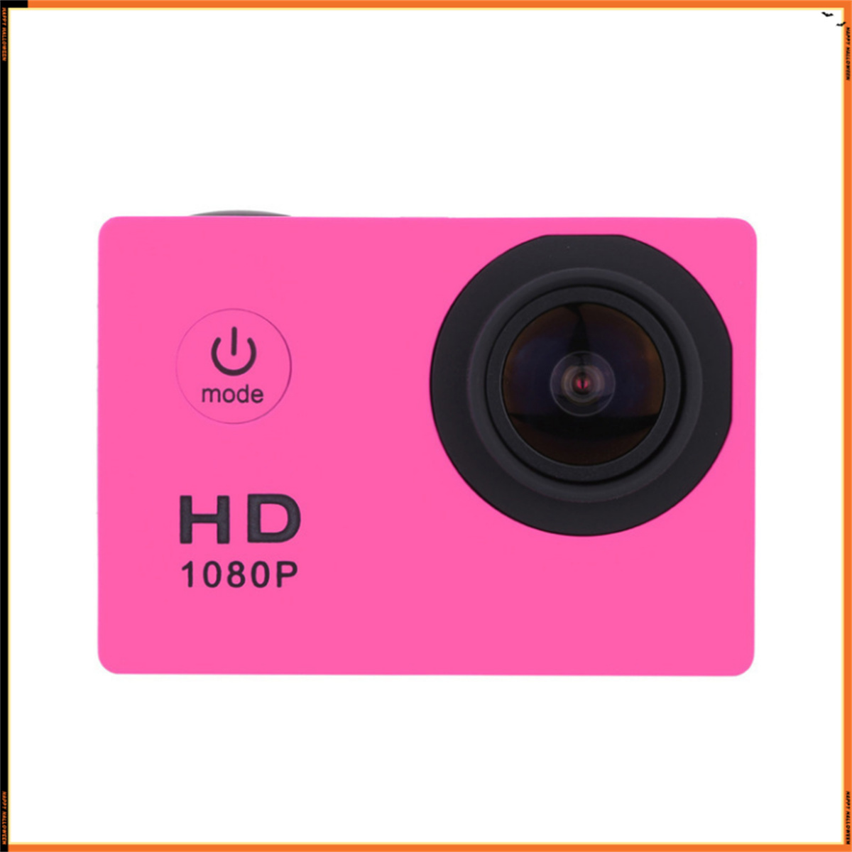 Rosa Action-Kamera mit Objektiv, Ein-/Aus-Taste und dem Wort 'HD 1080P'.