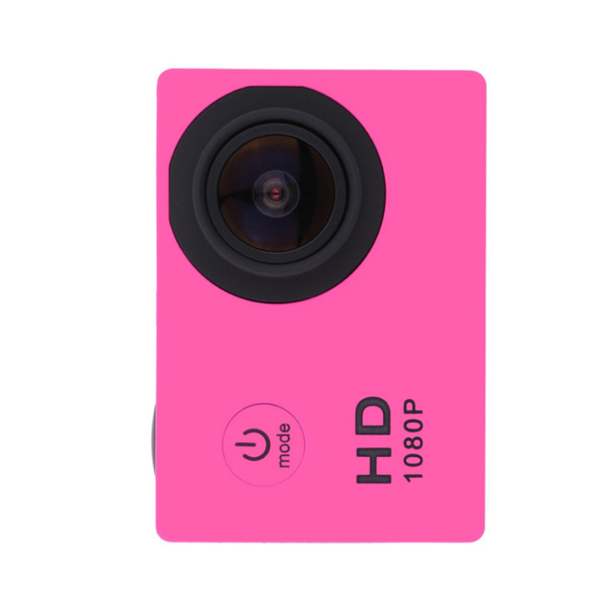Rosa Action-Kamera mit schwarzem Objektiv und Power-Taste. HD 1080P-Aufkleber.