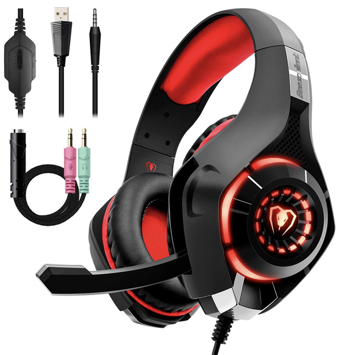 Schwarze und rote Gaming-Kopfhörer mit Kabeln. Der Hintergrund ist weiß.