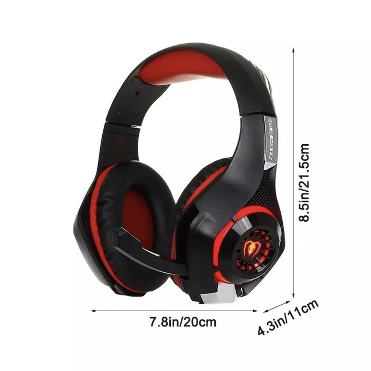 Schwarze und rote Gaming-Kopfhörer mit Größenangaben.