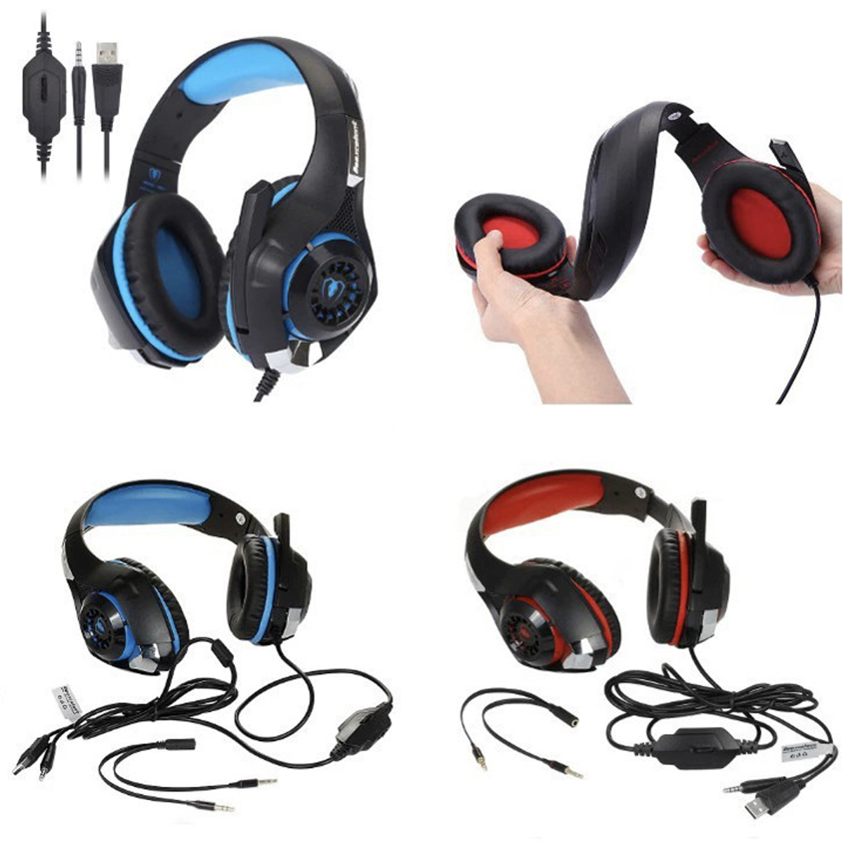 Mehrere Ansichten eines Gaming-Headsets. Es ist schwarz und blau mit Mikrofon und Kabel.