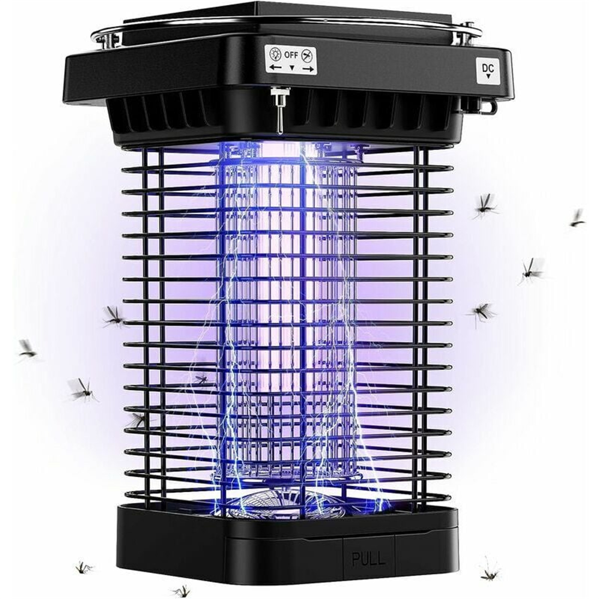 Elektrischer Moskitokiller, der blaues Licht aussendet, umgeben von Insekten.