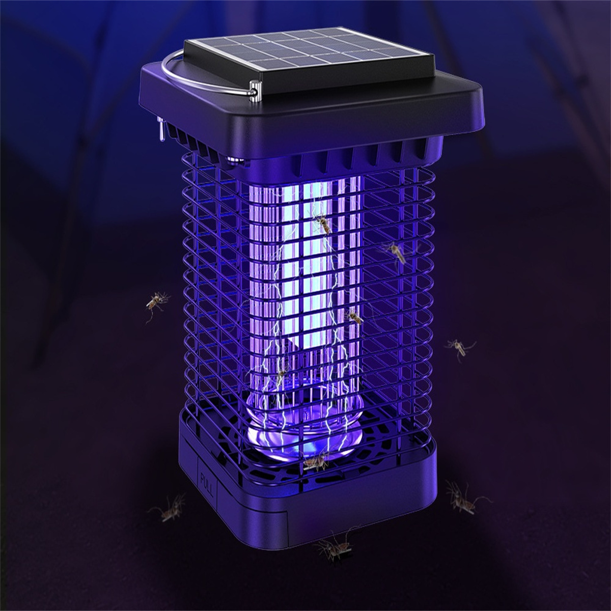 Ein solarbetriebener Mückenkiller. Er hat eine schwarze Oberseite mit Solarpanel und ein blaues Licht.