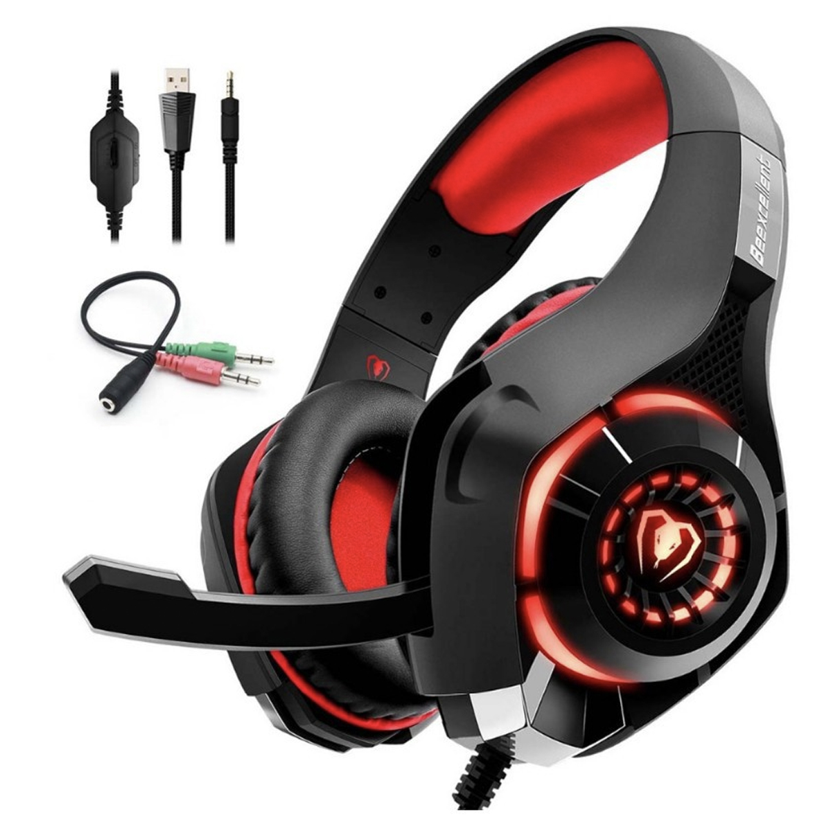 Schwarzes und rotes Gaming-Headset mit Mikrofon und Anschlusskabeln.