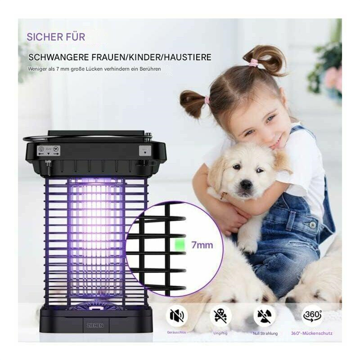 Ein Mädchen hält einen Welpen in der Nähe eines Insektenkillers. Der Killer hat ein violettes Licht und ist schwarz.