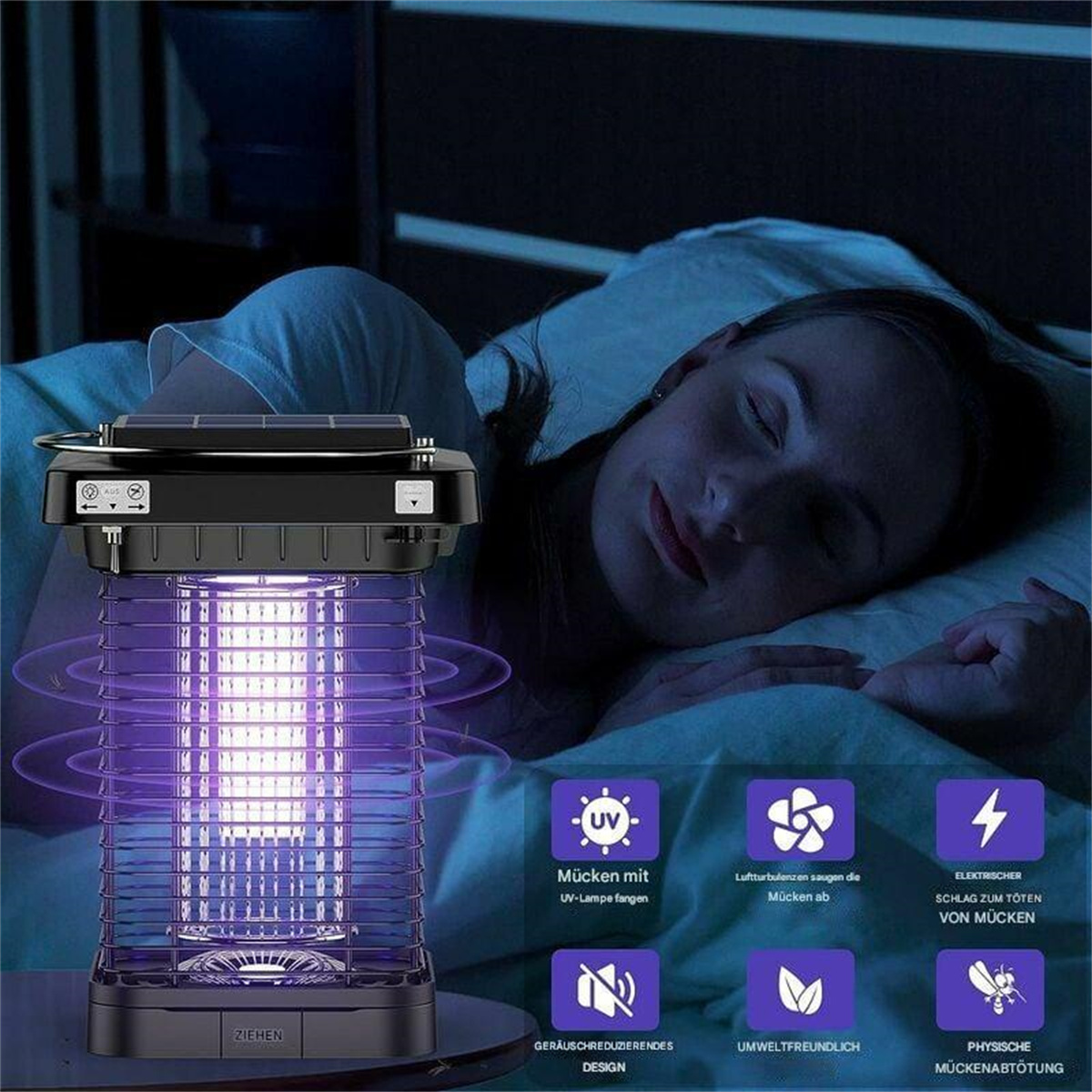 Mückenvernichter-Lampe mit schlafender Frau im Hintergrund und Symbolen für UV-Licht und andere Funktionen.
