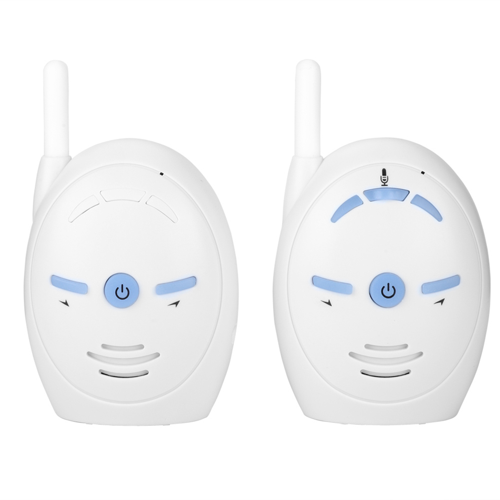 Zwei weiße Babyfone mit Antennen und Knöpfen. Auf einer weißen Oberfläche.